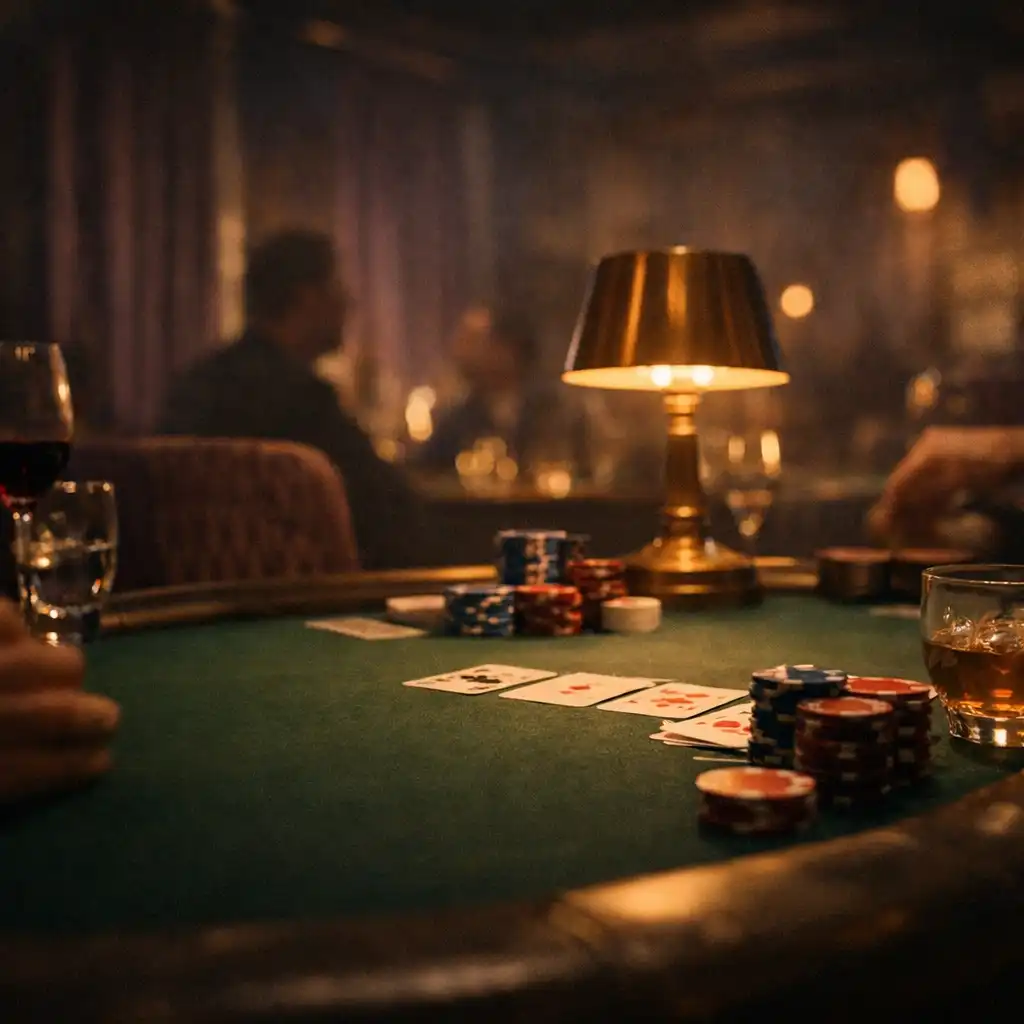 Warm lamp light over a real poker table with cards, chips and glassware in the evening lounge