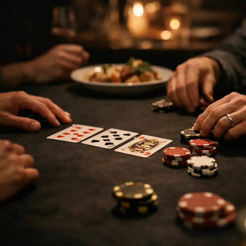 Several hands arranging physical cards and chips on a dark felt table