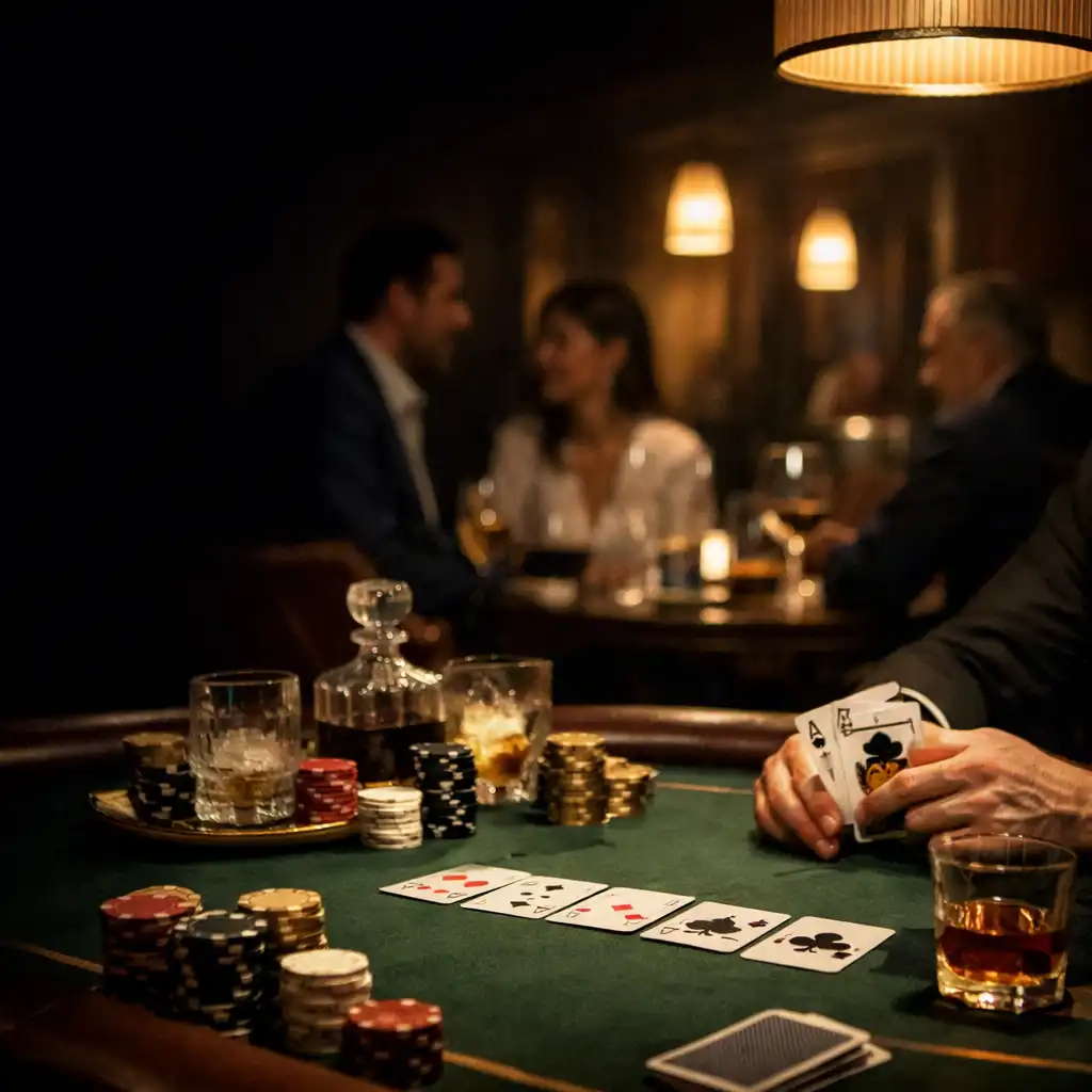 Hands, physical cards and chips gathered around a warmly lit real poker table