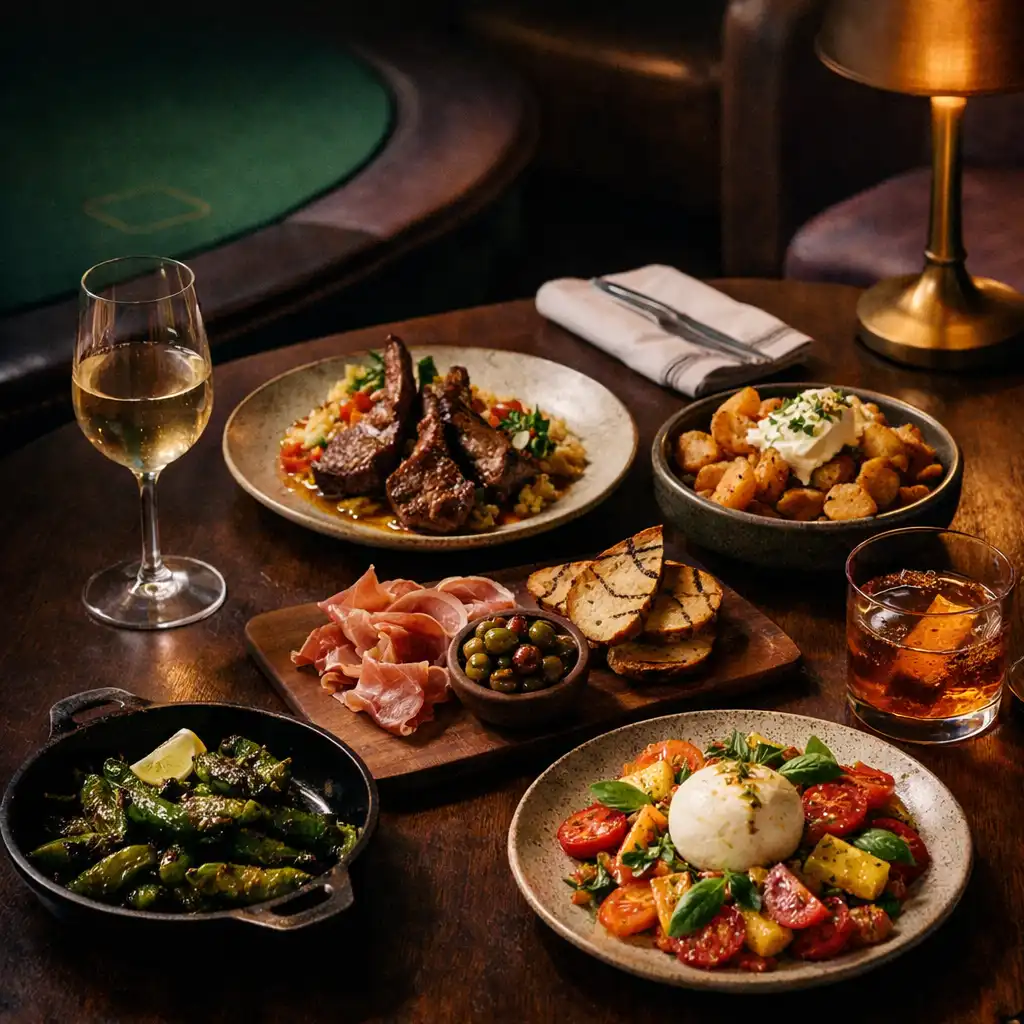 Seasonal shared plates and glassware on a dark timber table near the card lounge