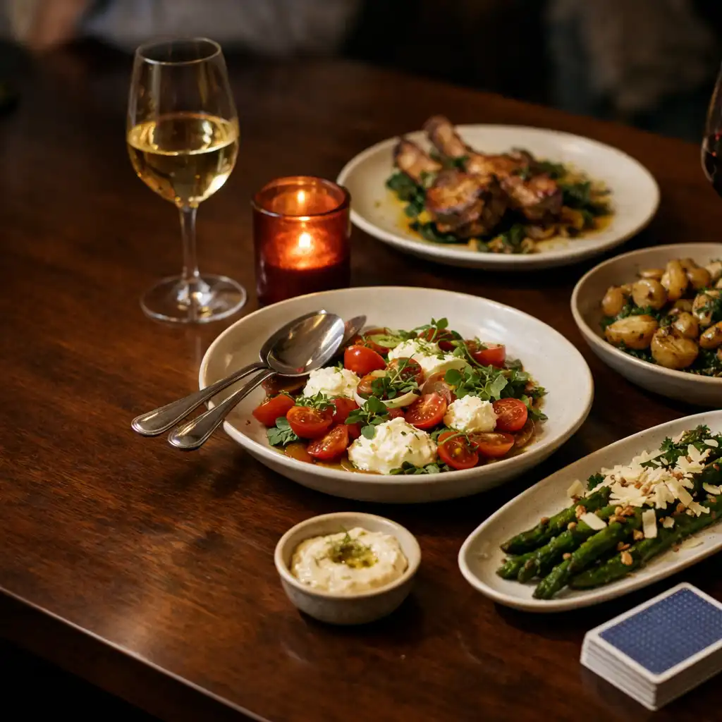 Seasonal shared plates, wine glasses and a deck of cards on a dark timber table.