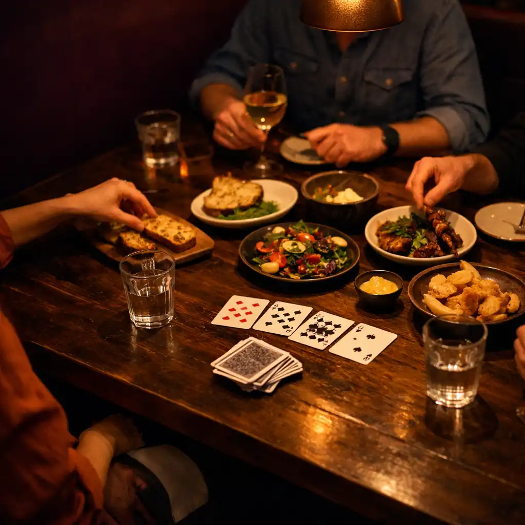 Shared plates, water glasses and playing cards on a warmly lit restaurant table.
