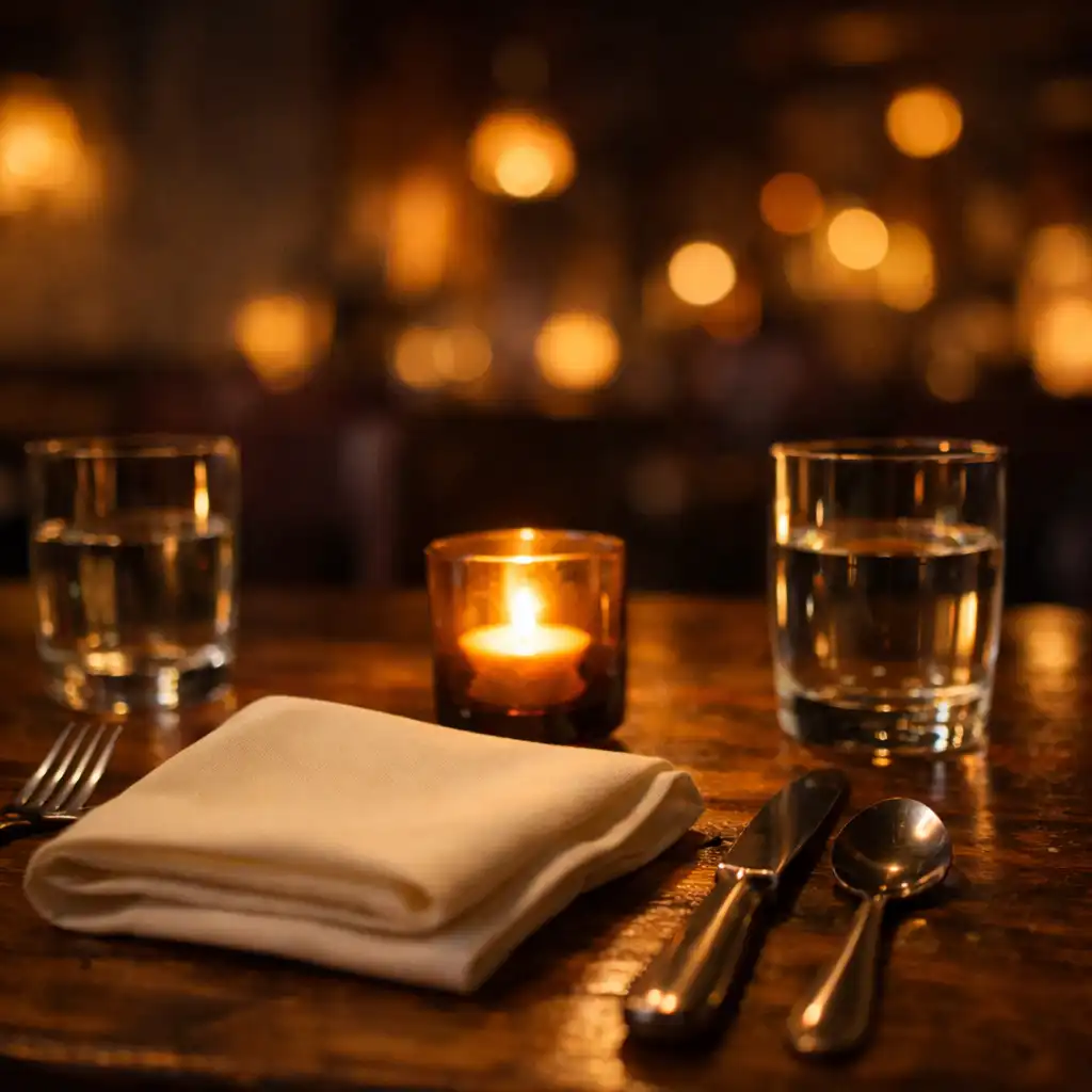 Candlelit restaurant table setting with an ivory napkin, polished cutlery, water glasses and blurred warm dining room lights.