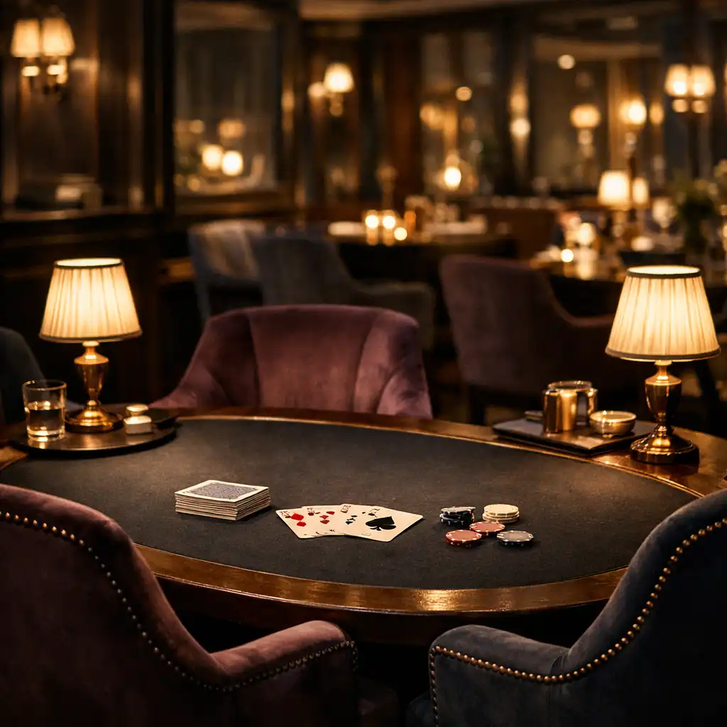 Elegant card-lounge seating beside a dark felt table with a deck of physical cards, a few chips and low warm lamps.