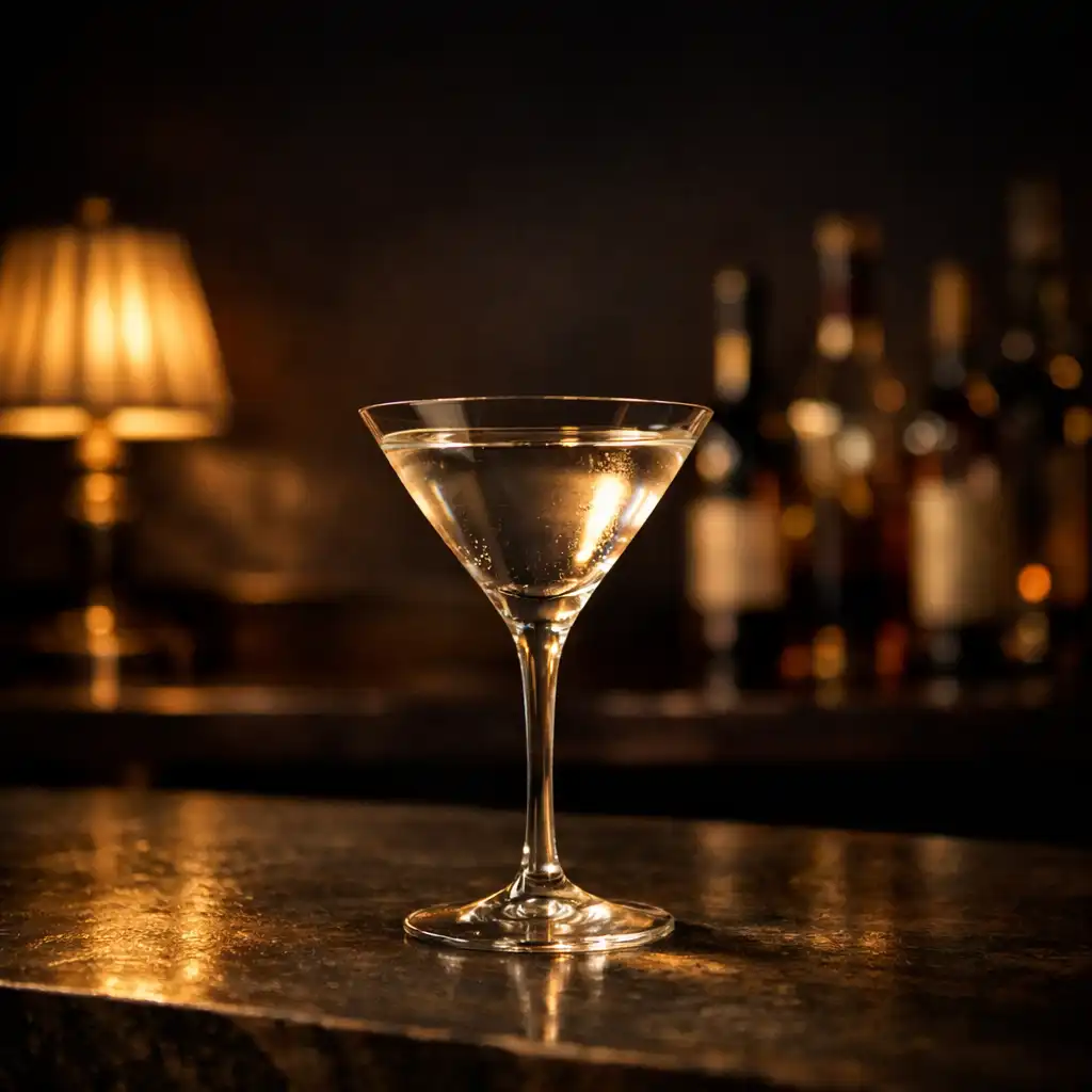 An elegant unlabeled cocktail in clear glassware on a dark bar surface under warm lamps and soft gold reflections.