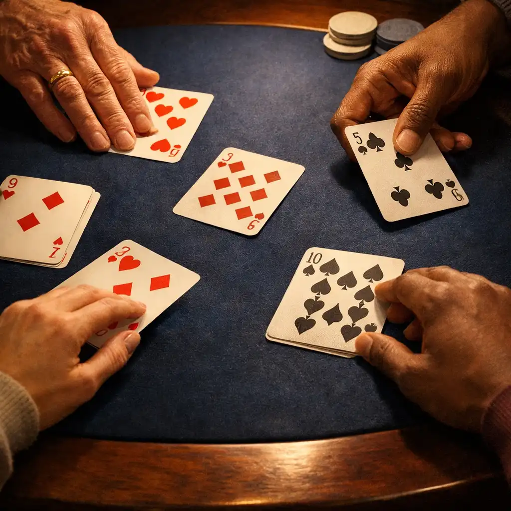 Adult hands arranging physical playing cards on a dark felt table with a few neutral chips at the edge in warm lamp light.