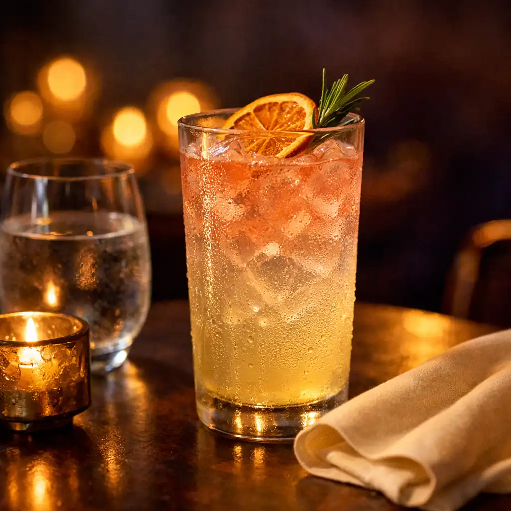 Thoughtfully presented non-alcoholic drink with condensation beside a water glass, ivory napkin and candlelit table detail.