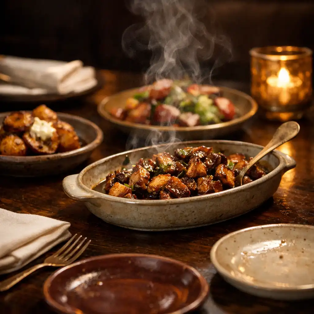 Close food detail of unlabeled seasonal shared plates on a dark timber table with small side plates and an ivory napkin.
