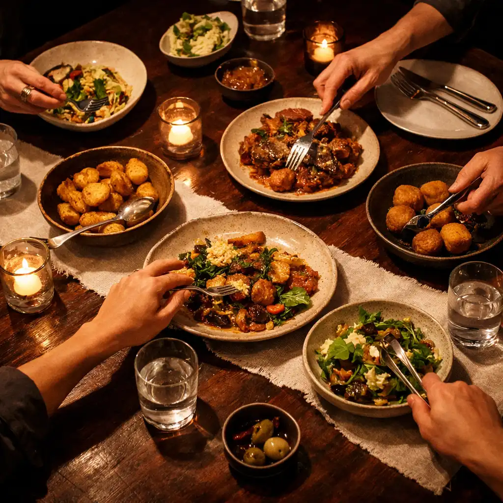Warmly lit shared dining table with several shared plates, candles, glasses and hands reaching naturally toward food.
