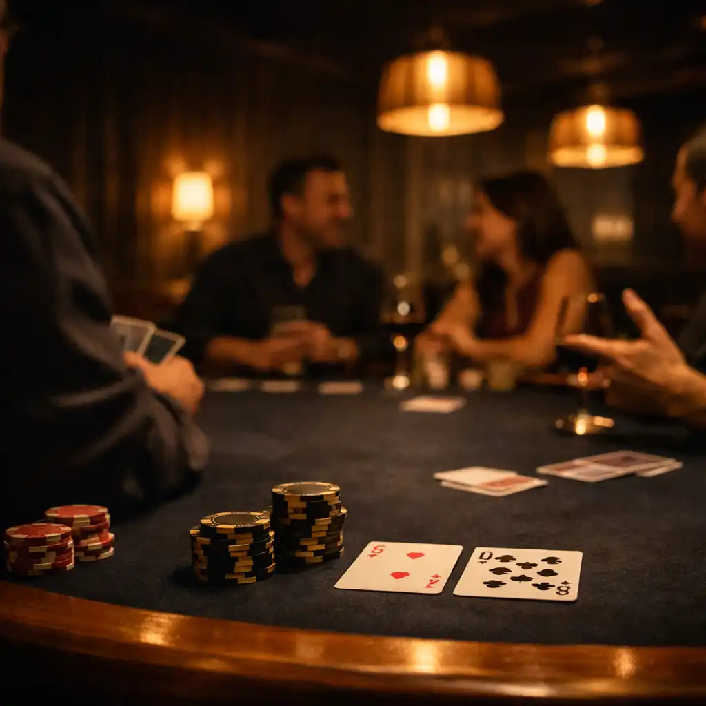 Real dark felt poker table with physical cards and modest chips under warm pendant light, with relaxed guests visible only as partial silhouettes and hands.