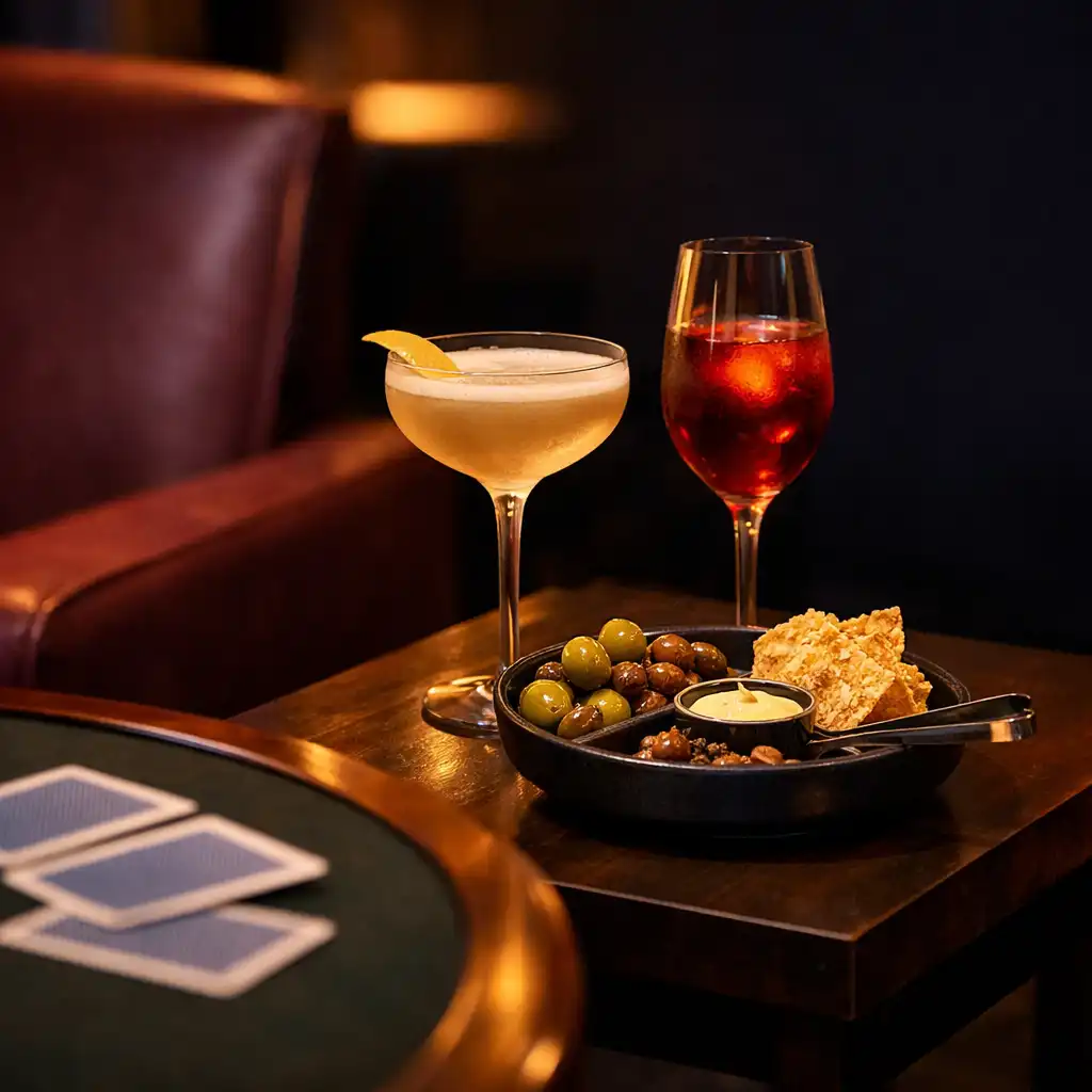 Shared snack plate and drinks beside the edge of a card table