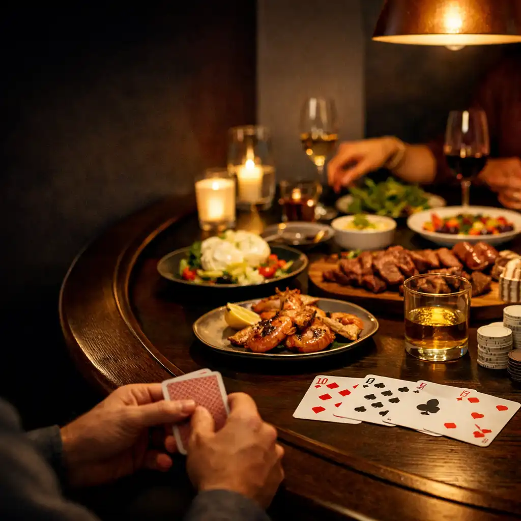 Shared plates, glassware, physical cards and neutral chips on a dimly lit dining table