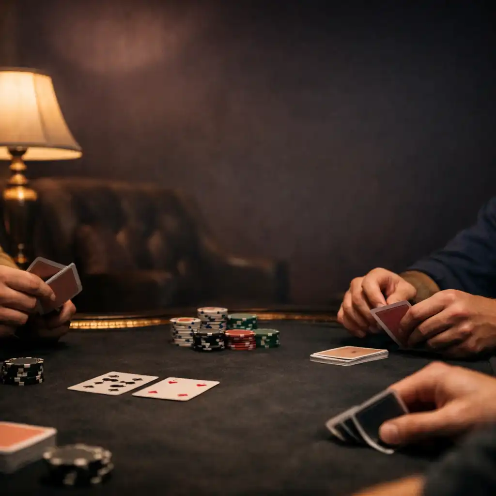 Hands arranging physical playing cards and neutral chips at a dark poker table