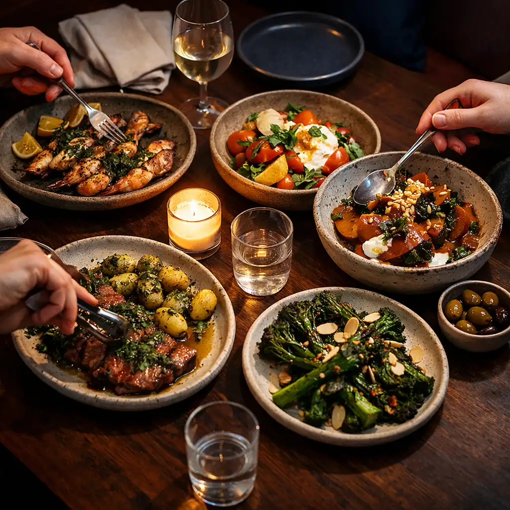 Seasonal shared plates and glassware on a dark timber restaurant table