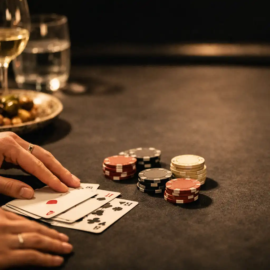 Hands arranging physical cards and simple chips on a dark table beside a shared plate and softly lit glassware.