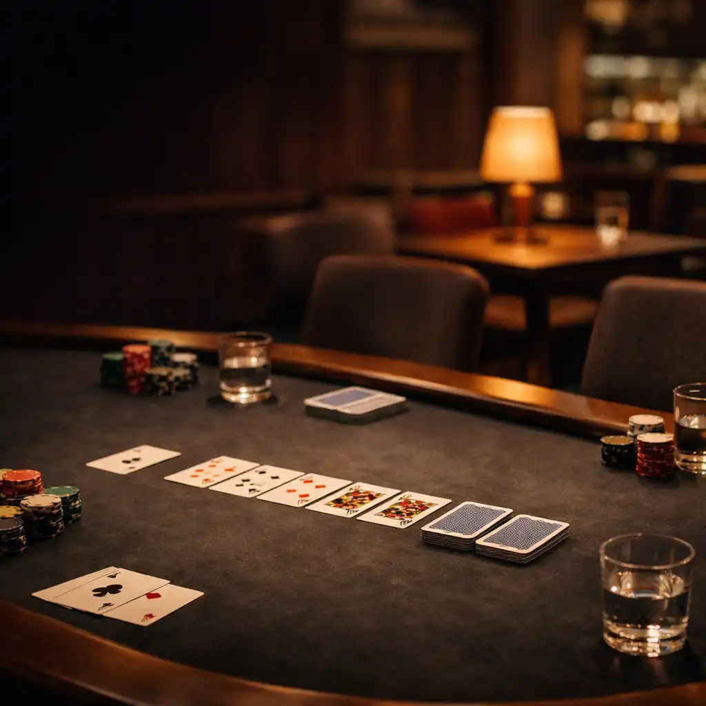 A low-lit real poker table set with physical cards, chips, glasses and comfortable chairs.