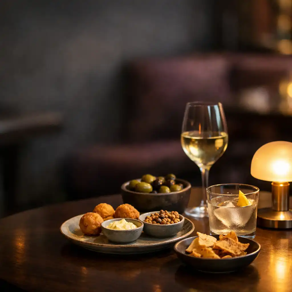 Low-lit table with bar snacks, drinks and a small warm lamp