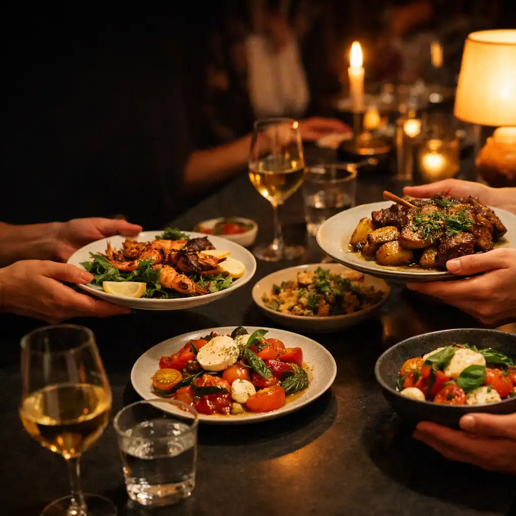 Shared dinner table with plates being passed between guests under warm evening light