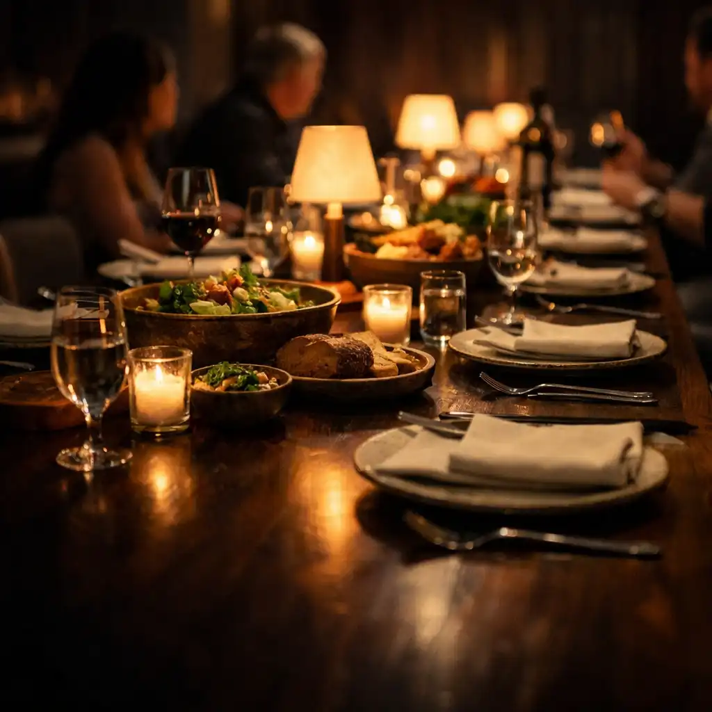 Long warmly lit restaurant table prepared for an intimate evening gathering