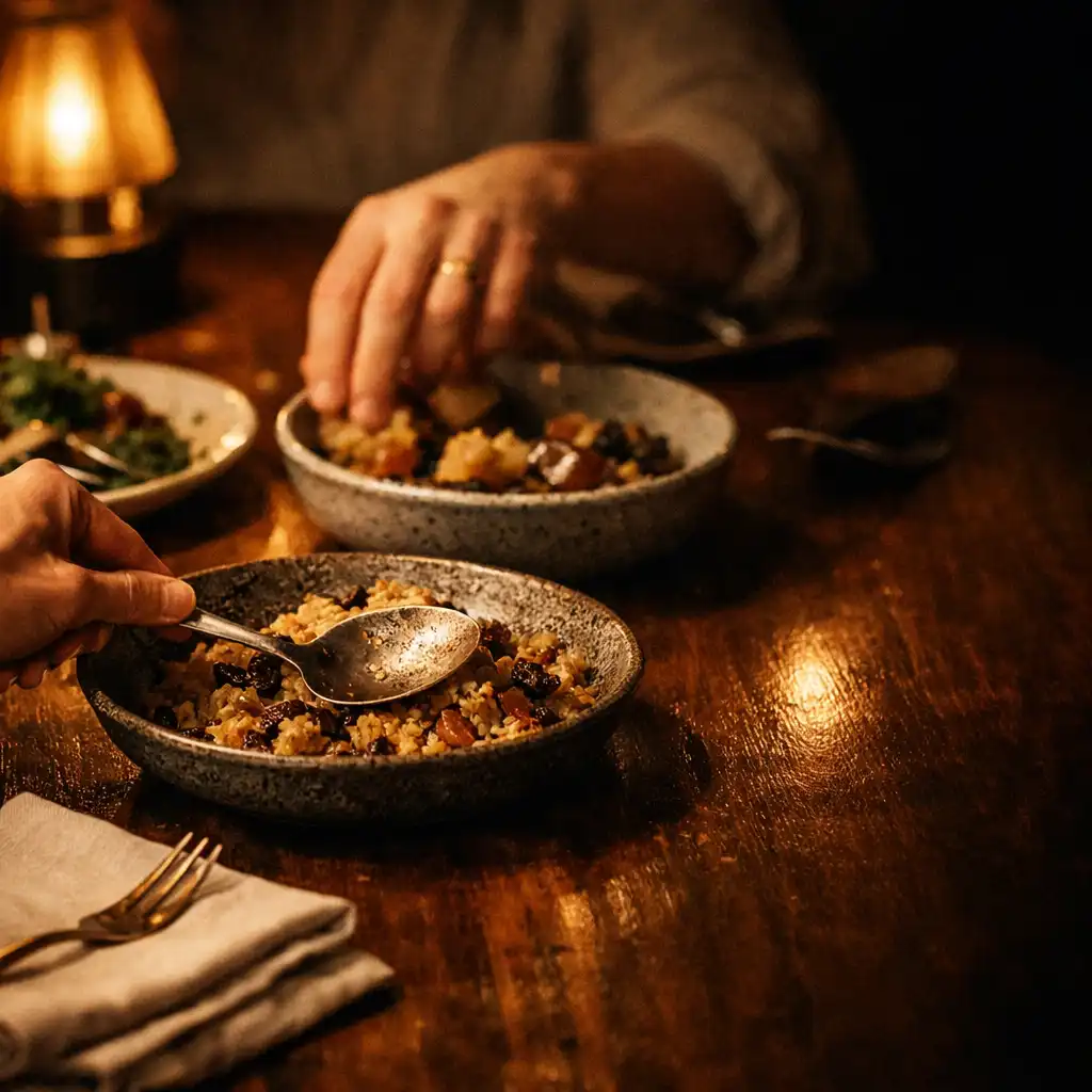 Hands reaching toward shared ceramic plates on a warmly lit restaurant table