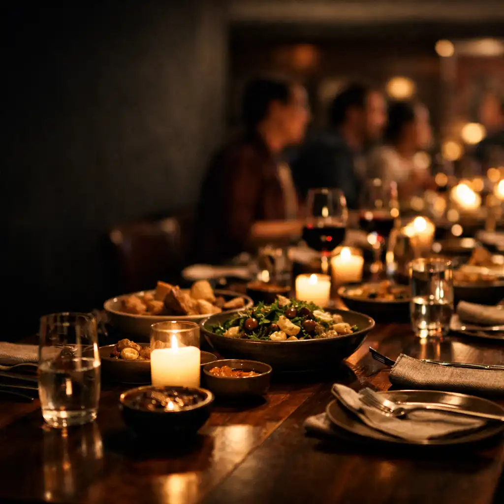 A warmly lit long dining table with shared dishes, glassware and candlelight.