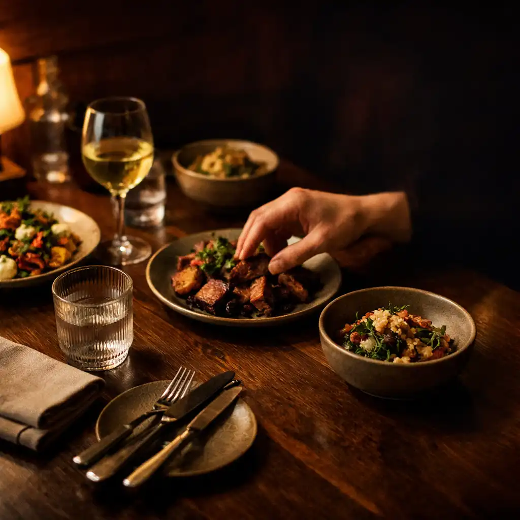 Shared plates, glassware and a reaching hand on a warmly lit restaurant table