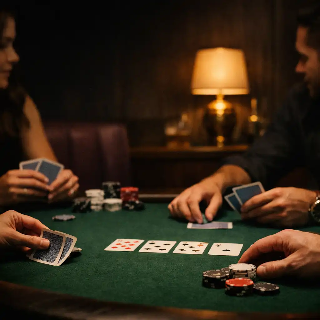 Hands arranging physical cards and chips on a felt-topped table in a warmly lit card lounge