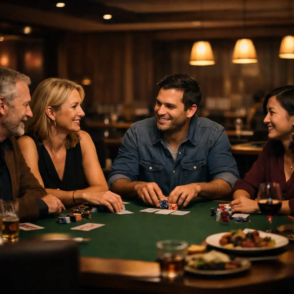 A small group seated face-to-face at a real poker table in a warmly lit restaurant card lounge.