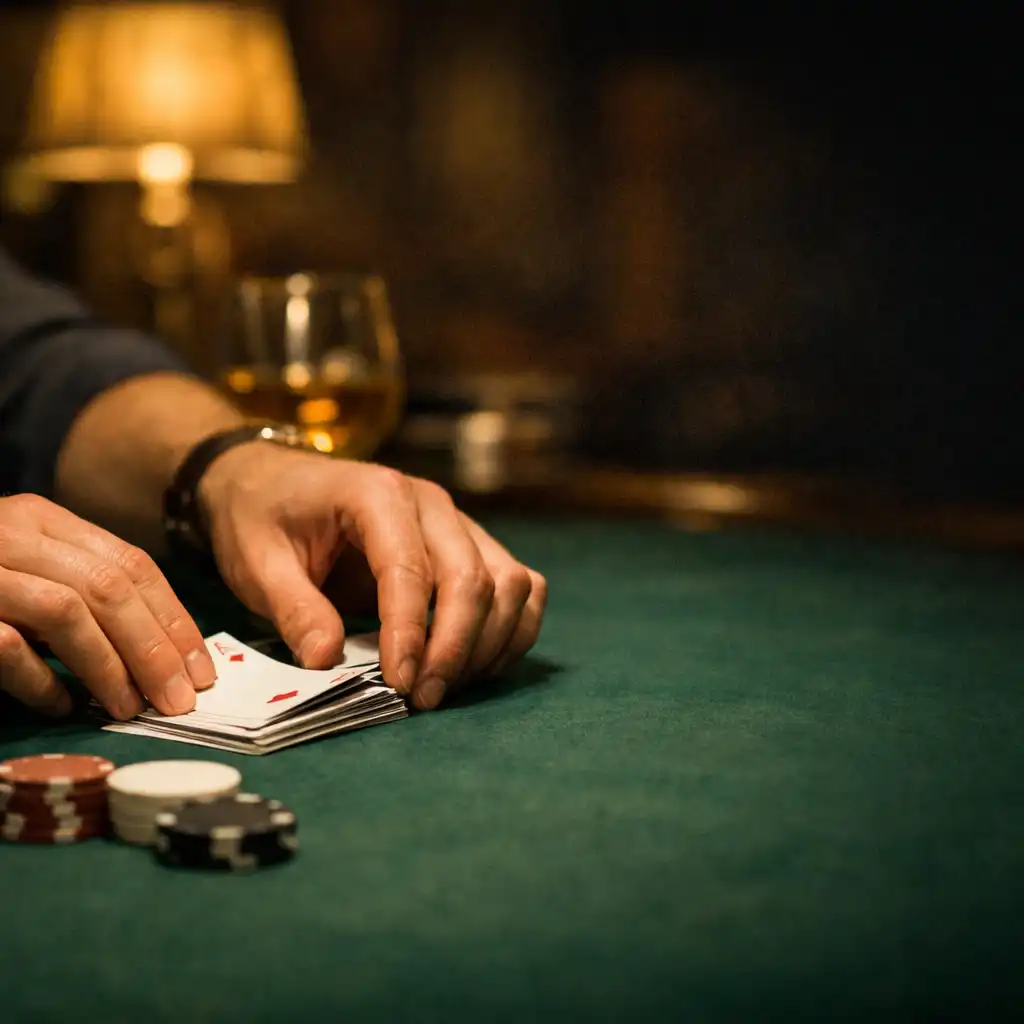 Hands arranging playing cards and plain chips on a felt-topped table.